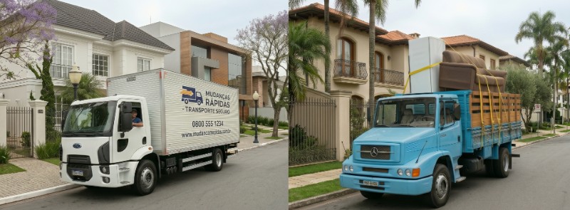 Comparação entre caminhão de mudança baú (fechado) e caminhão de carroceria aberta