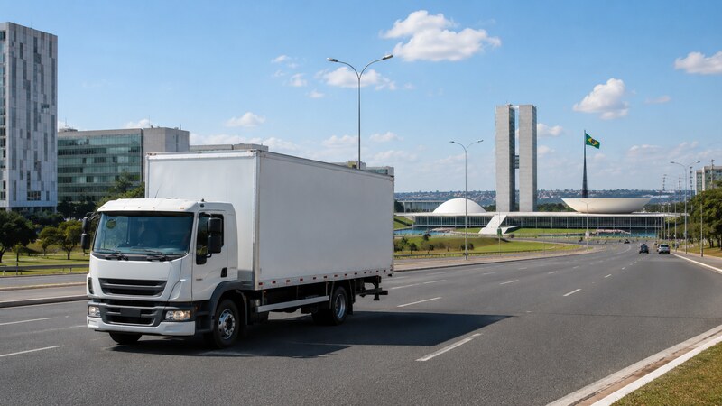 Quadra comercial do Plano Piloto em Brasília com caminhão fazendo carga e descarga