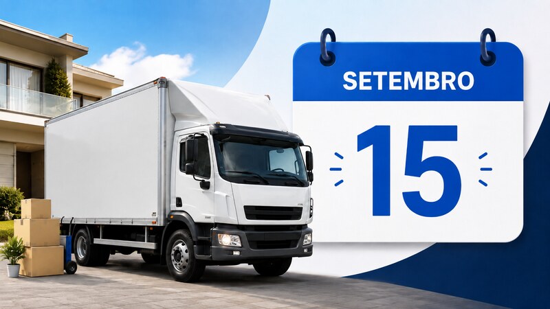 Caminhão de mudanças com calendario ao fundo