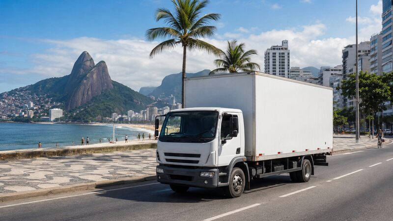 Caminhão de mudança tipo VUC circulando na Zona Sul do Rio de Janeiro
