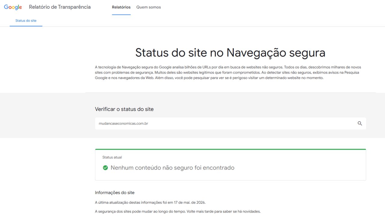 Relatório de Transparência do Google — Status do site Mudanças Econômicas: Nenhum conteúdo não seguro foi encontrado