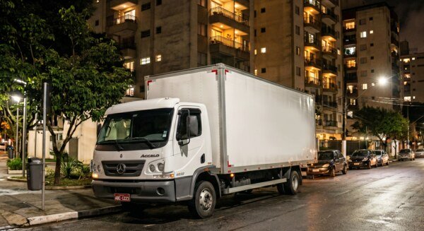 Caminhão baú de mudanças estacionado à noite em frente a prédio residencial em São Paulo